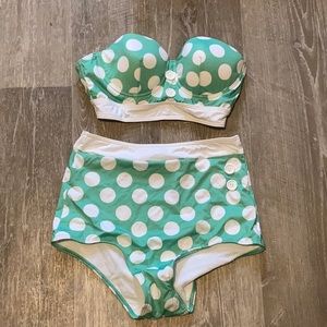 Green polka dot high-waisted bikini